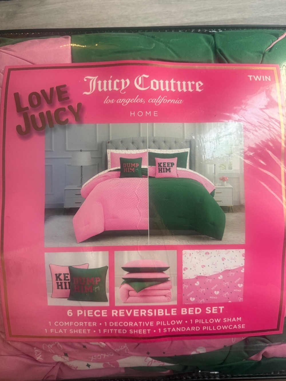 Juicy Couture Reversible Twin Bed Set in Pink and Green “Dump Him”